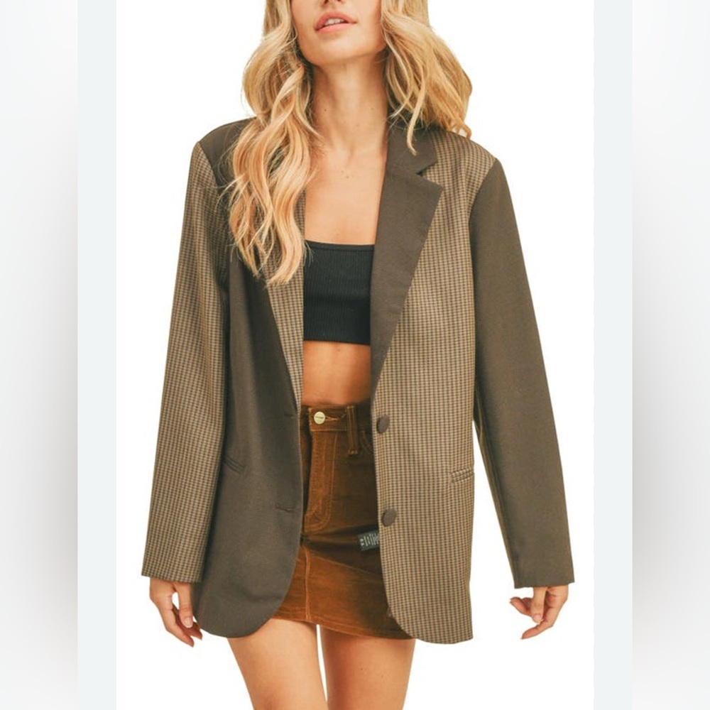Lush Womens Two Tone Brown Houndstooth Blazer Relaxed Academia Preppy CoreFit S‎